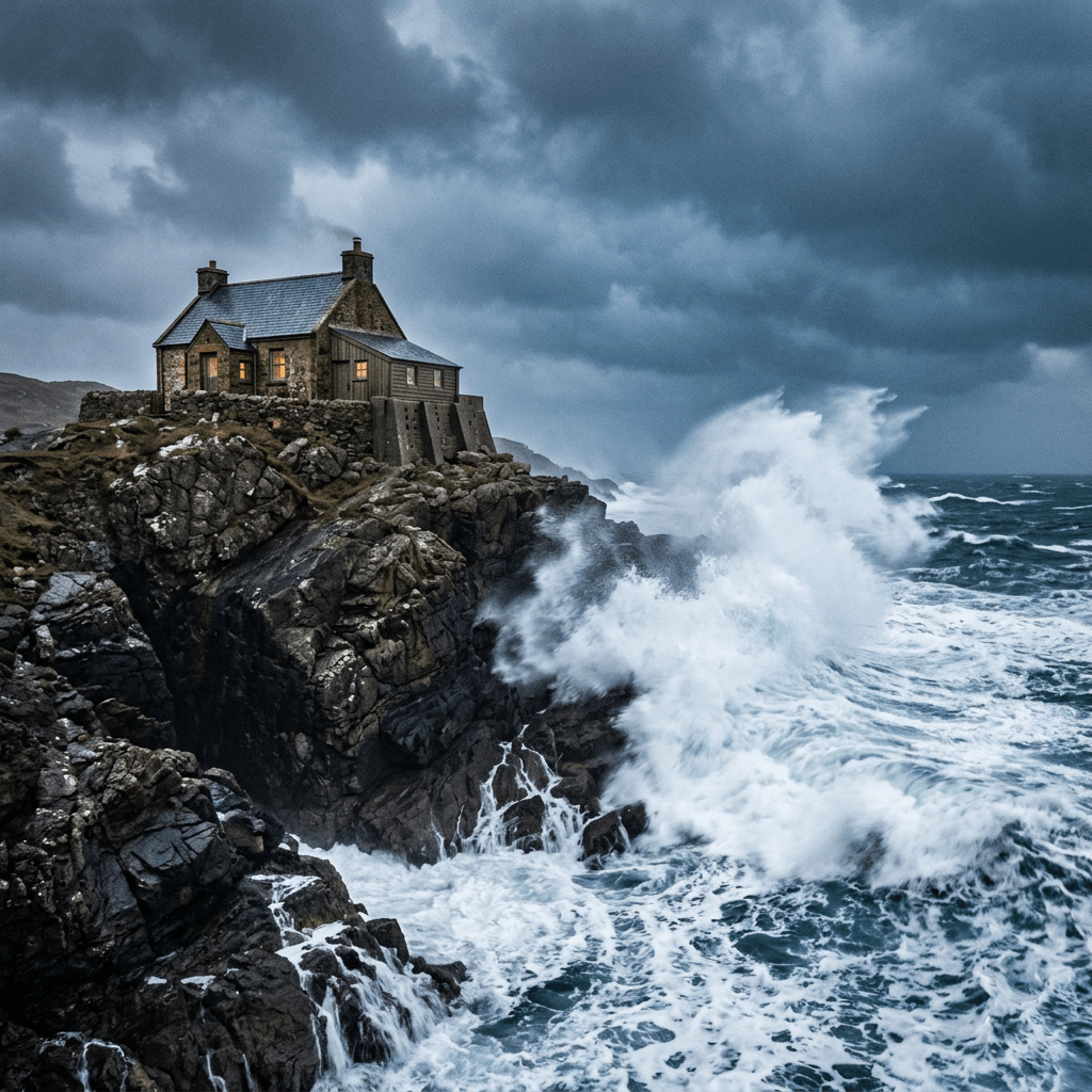 House on rocky cliffside with waves crashing against rocks under dark stormy sky