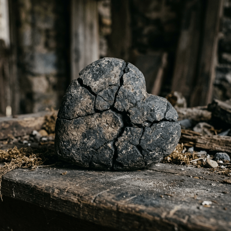 Cracked heart-shaped volcanic rock on wooden table